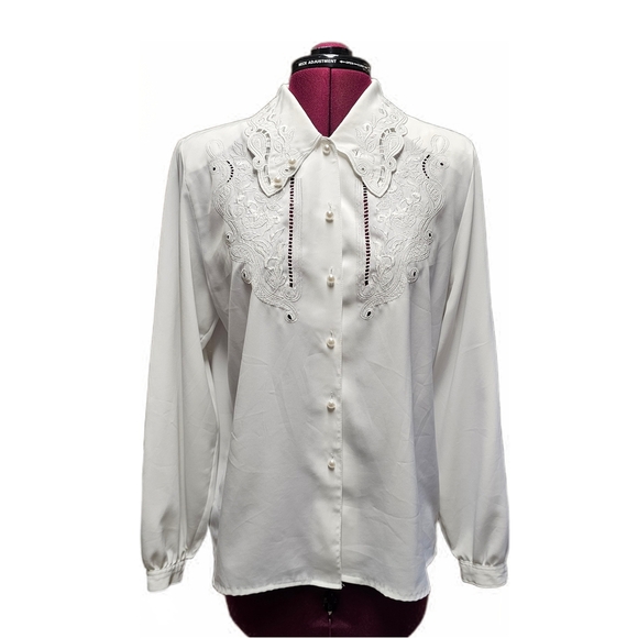 Christie & Jill 80's Vintage Elegant White Embroidered Women's Blouse - Picture 1 of 15